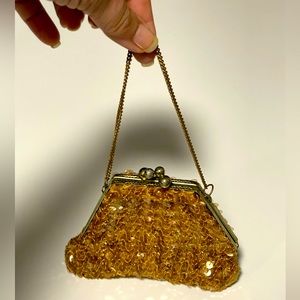 Antique Gold Wristlet Kisslock Dainty Mini Sequined Fairy Purse